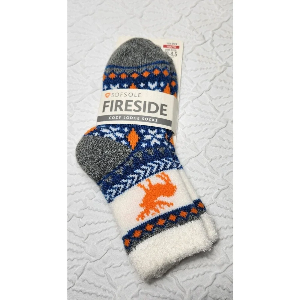 Fireside Sofsole Cozy Lodge Crew Sock Multicolor Moose Youth Size 10-4.5 NEW